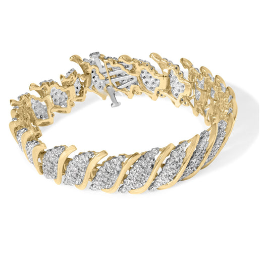 10K Yellow Gold 6.00 Cttw Pave Diamond S-Link Wave Link Bracelet (H-I Color, I2-I3 Clarity) - 7"