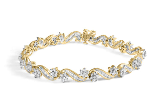 10k Yellow Gold 3.00 Cttw Round-Cut and Baguette-Cut Floral Link 7.25" Bracelet (I-J Color, I1-I2 Clarity)