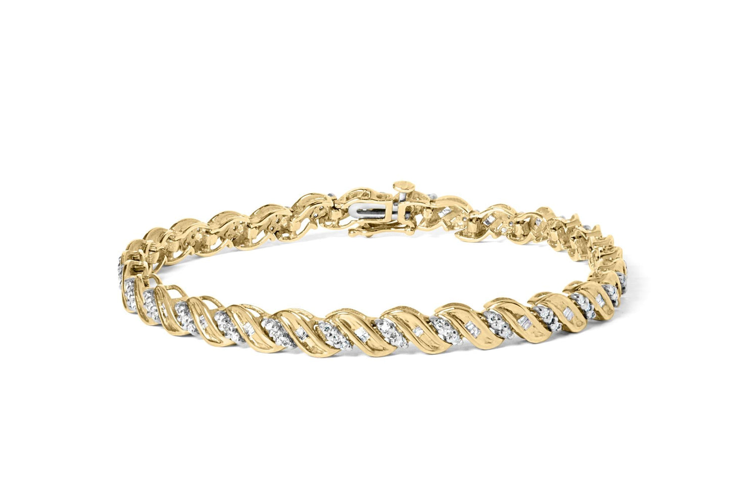 10k Yellow Gold 1.00 Cttw Round-Cut and Baguette-Cut S-Link 7.25" Bracelet (I-J Color, I2-I3 Clarity)