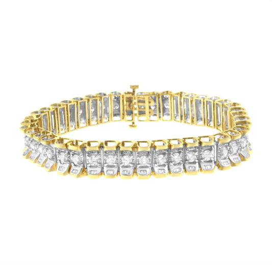 14K Yellow and White Gold 5.0 Cttw Round & Baguette Cut Diamond 7" Reflective Tennis Bracelet (H-I Color, I1-I2 Clarity)