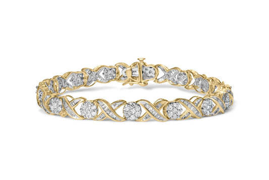 10K Yellow Gold 3.00 Cttw Round-Cut and Baguette-Cut Diamond 'XOXO' Floral Design 7.50" Bracelet (J-K Color, I1-I2 Clarity)