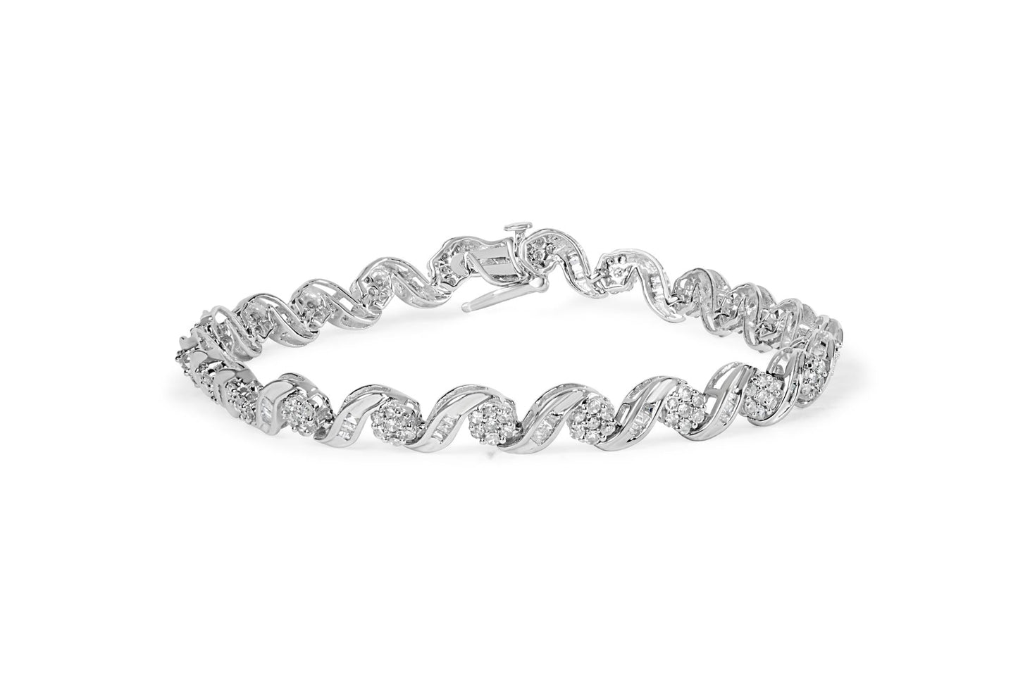 10K White Gold 2.00 Cttw Round-Cut and Baguette-Cut Diamond Floral Design Swirl Link 7" Bracelet (I-J Color, I1-I2 Clarity)