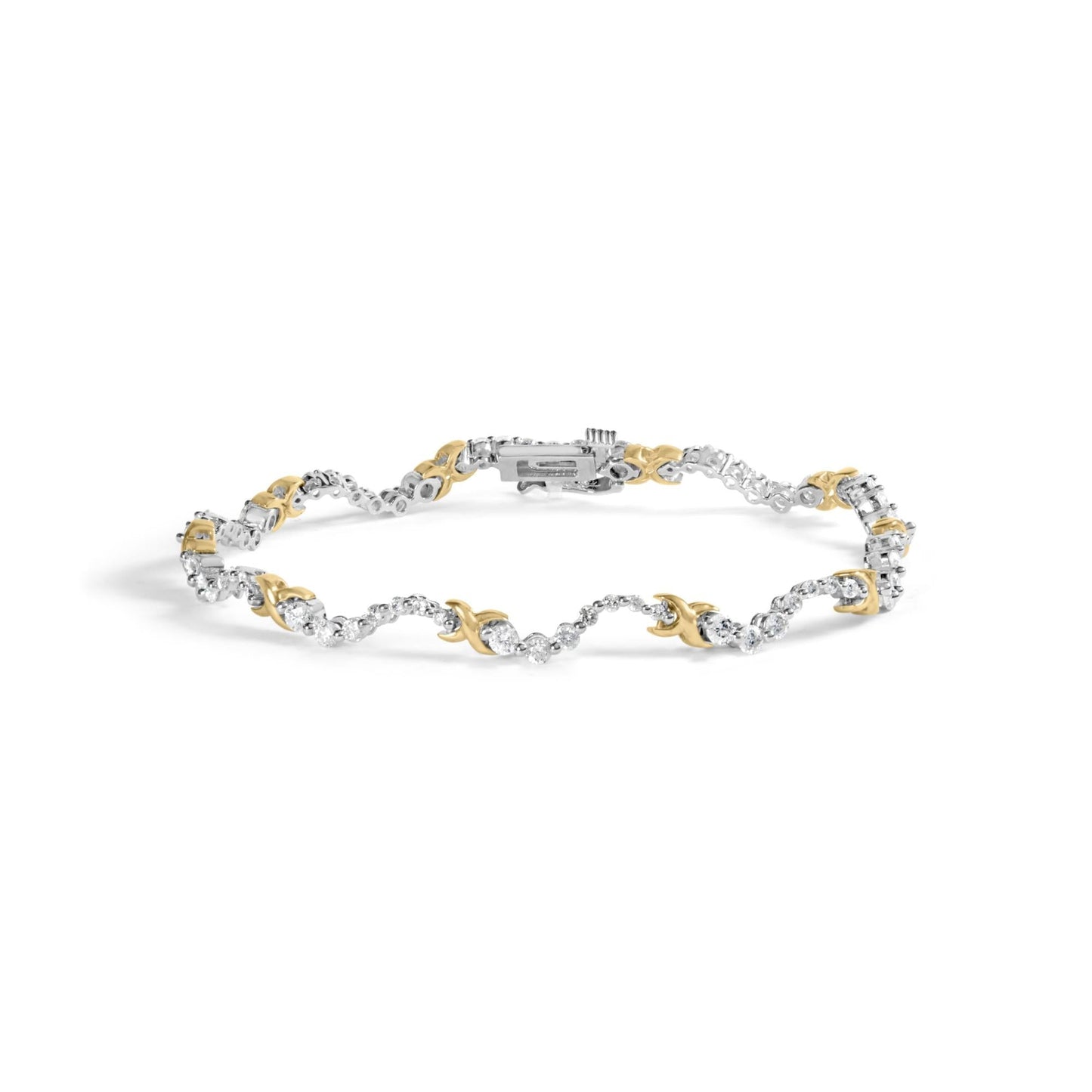 10K Two-Tone 2.00 Cttw Diamond "X" and Wave Link Bracelet (H-I Color, I1-I2 Clarity) - 7" Inches