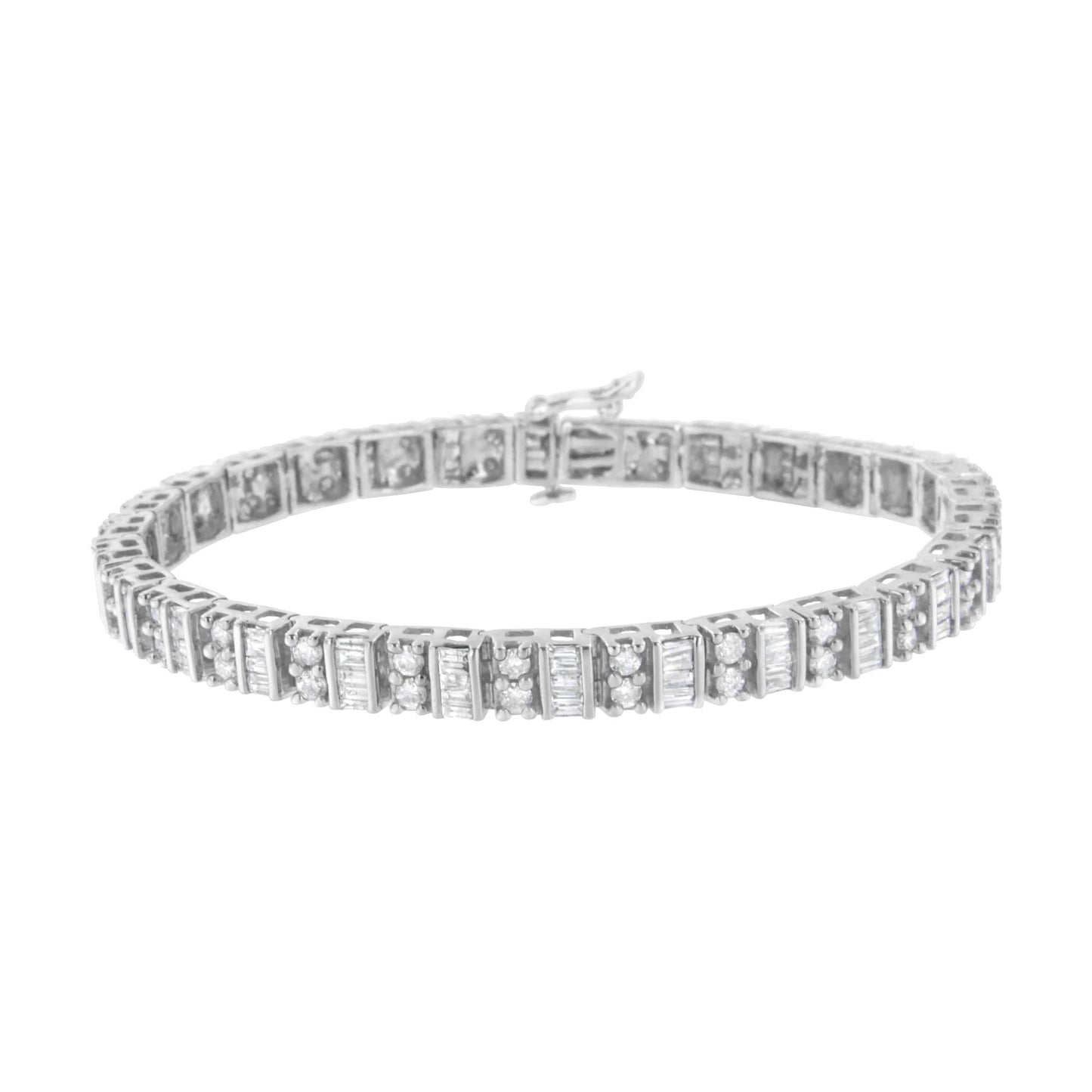 14K White Gold 4.0 Cttw Alternating Baguette & Round Cut Diamond Bezel- & Prong-Set 7" Tennis Bracelet (I-J Color, I1-I2 Clarity)