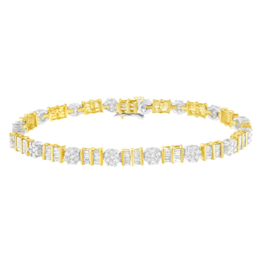 14K Gold 3-3/8 Cttw Round & Baguette-Cut Diamond Cluster Alternating Station 7" Tennis Bracelet (H-I Color, I1-I2 Clarity)