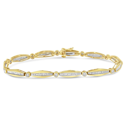 14K Yellow Gold 1-1/2 Cttw Round Brilliant-Cut & Baguette Cut Diamond Bezel and Tapered Link 7" Tennis Bracelet (H-I Color, I1-I2 Clarity)