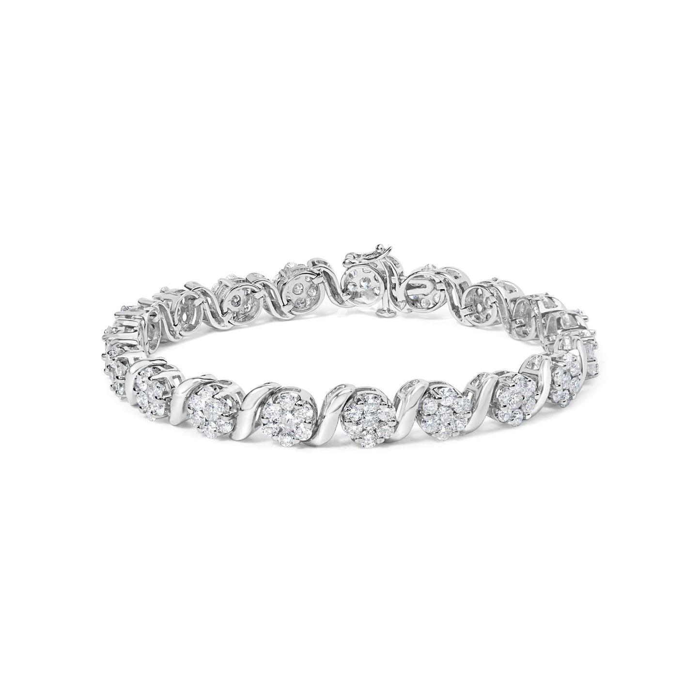 14K White Gold 7 3/8 Cttw Round Brilliant Diamond Floral Cluster and S Link Bracelet (H-I Color, SI2-I1 Clarity) - 7" Inches