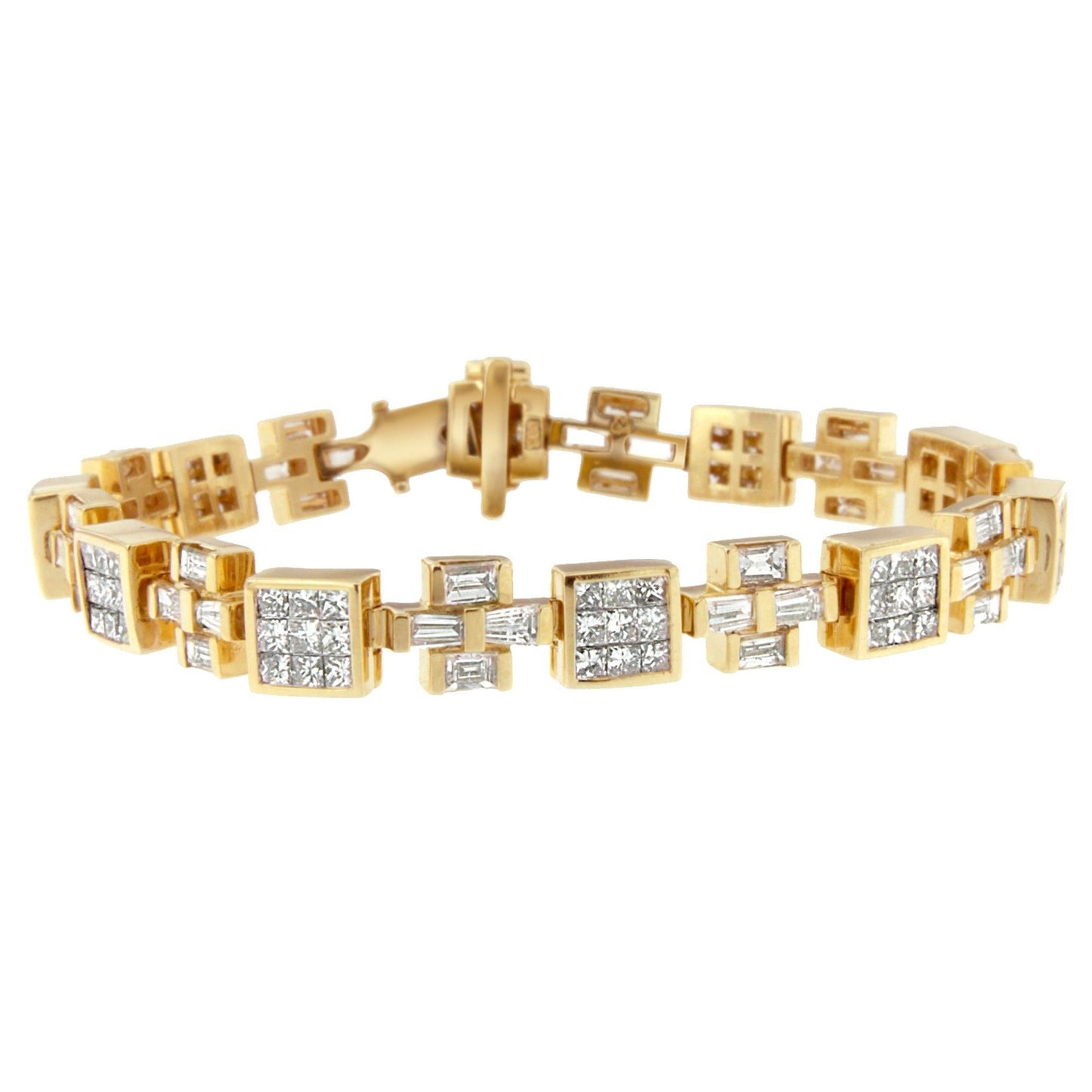 14K Yellow Gold Princess and Baguette Cut Diamond Cubes and Crosses Bracelet (8 1/3 cttw, G-H Color, VS1-VS2 Clarity)