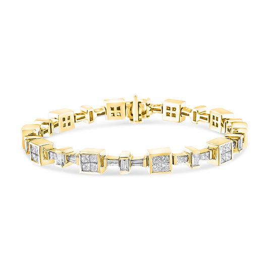 14K Yellow Gold 6 3/4 Cttw Princess and Baguette-Cut Diamond Tennis Bracelet (H-I Color, VS2-SI1 Clarity) - Size 7