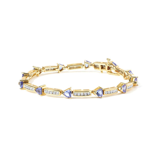 14K Yellow 5MM Trillion Cut Blue Tanzanite and 1 1/10 Cttw Diamond Tennis 7" Inches Bracelet (H-I Color, I1-I2 Clarity)