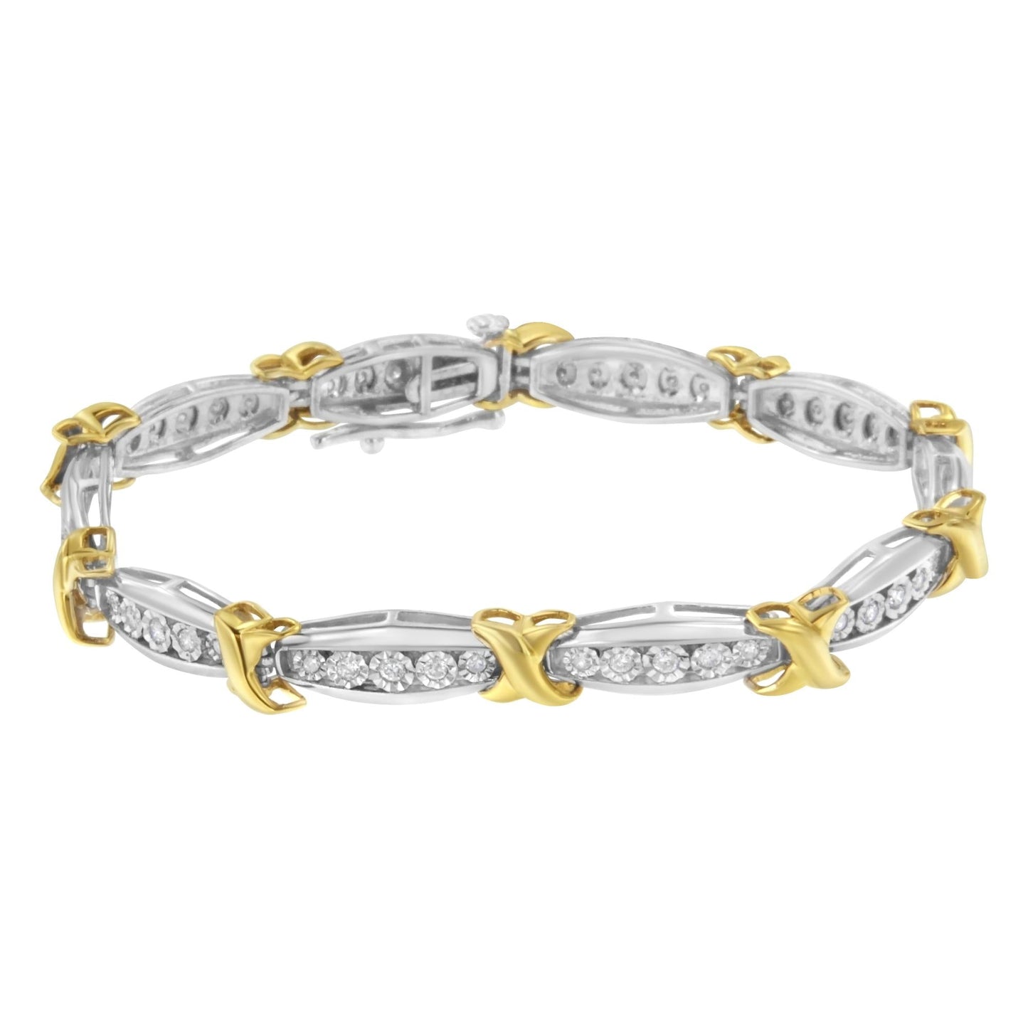 10K Yellow Gold Plated .925 Sterling Silver Two Tone 3/4 CttwDiamond X & O Link Tennis Bracelet (H-I Color, I1-I2 Clarity) - 7”