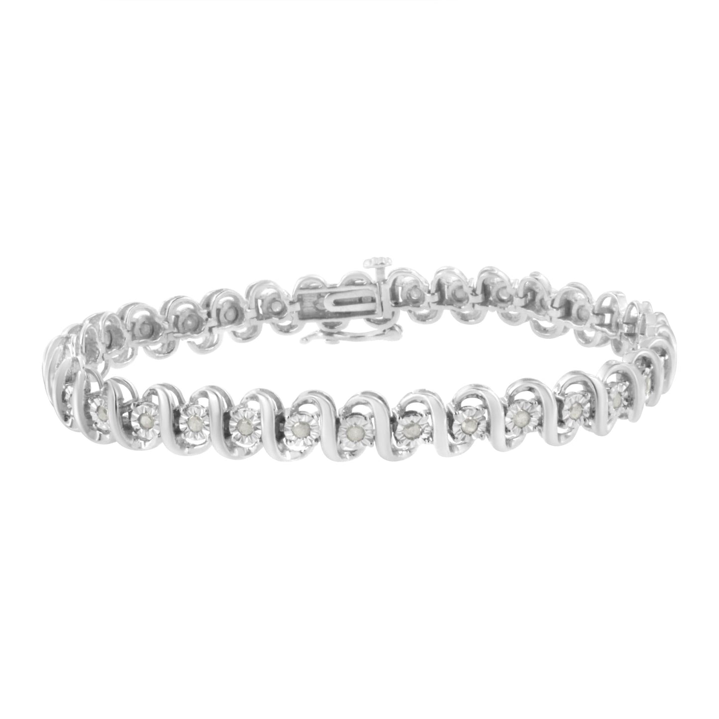 .925 Sterling Silver 1.0 cttw Miracle-Set Round-Cut Diamond "S" Link Tennis Bracelet (I-J Color, I3 Clarity) - Size 7.25"