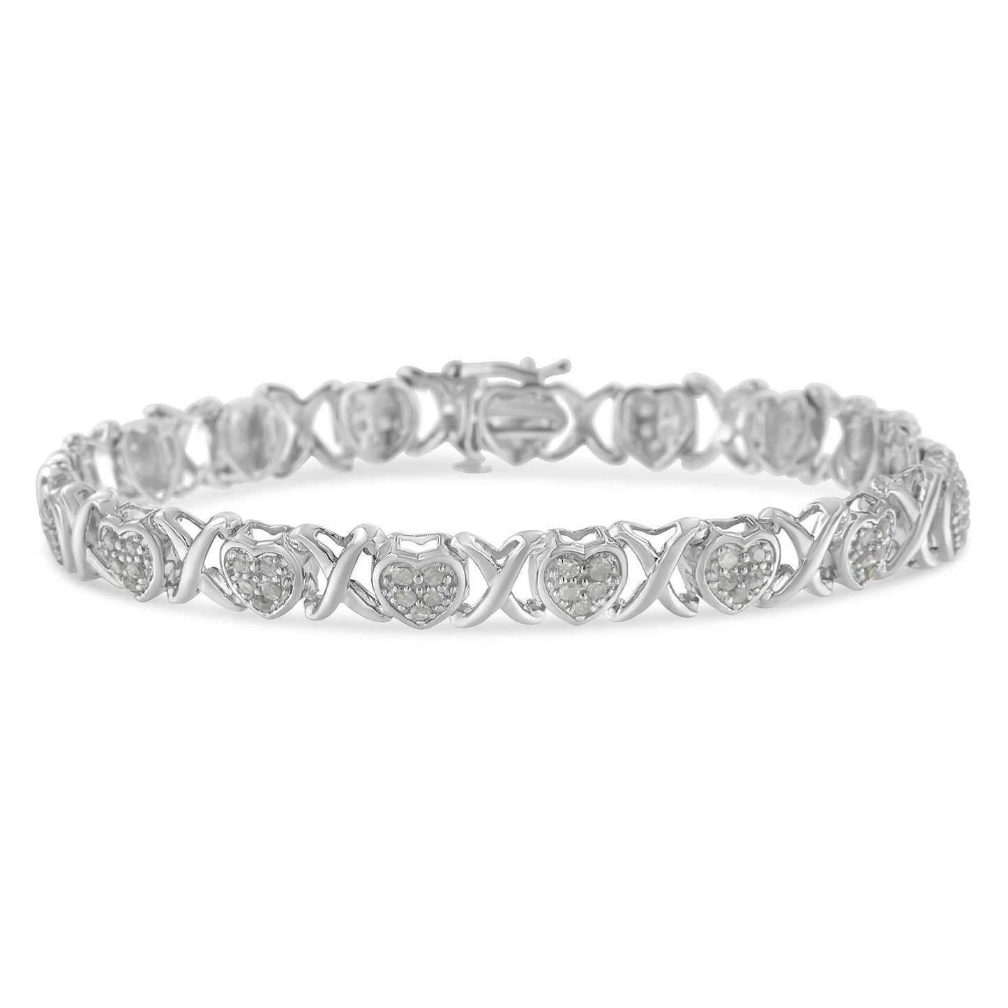 .925 Sterling Silver 1.0 Cttw Diamond Heart & X-Link 7" Tennis Bracelet (I-J Color, I2-I3 Clarity)