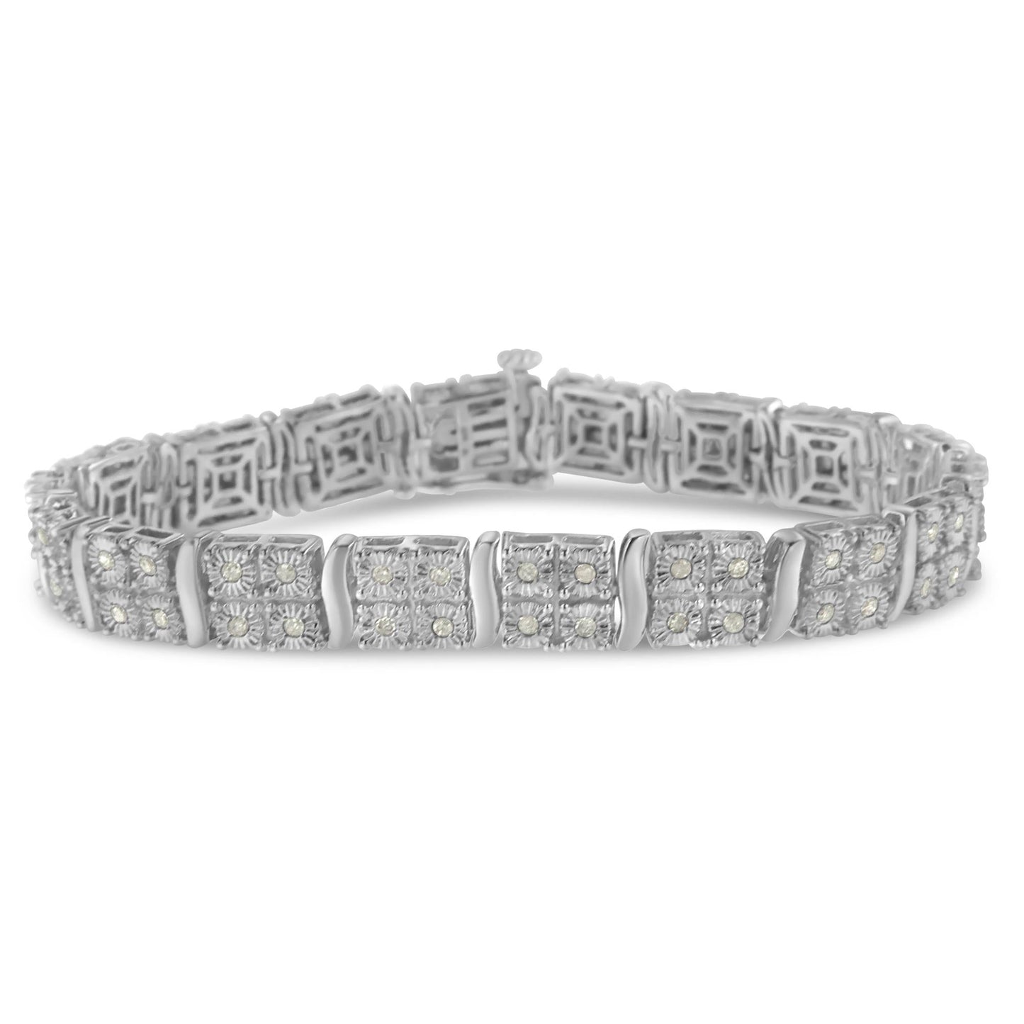 .925 Sterling Silver 1.0 cttw Miracle Set Diamond Box Link Art Deco Style Tennis Bracelet (I-J Color, I3 Clarity) -7"