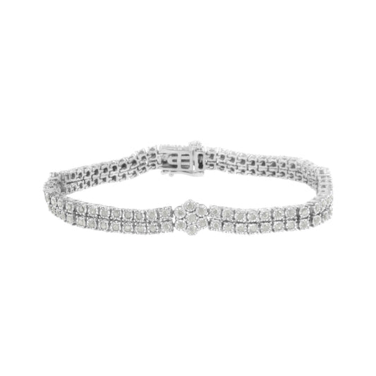 .925 Sterling Silver Diamond Double Row and Floral Cluster Tennis Bracelet (2 cttw, I-J Color, I3 Clarity) - Size 7.25"