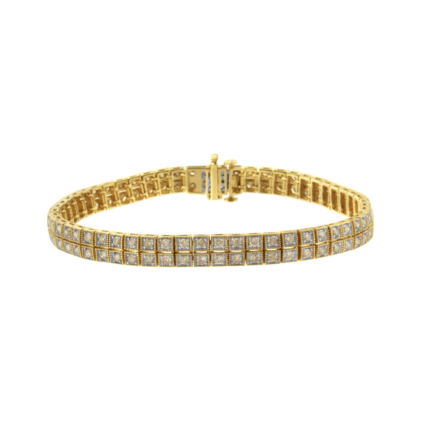 14K Yellow Gold over .925 Sterling Silver 3.0 Cttw Diamond Double Row Square Milgrain Link 7” Tennis Bracelet (K-L Color, I1-I2 Clarity)