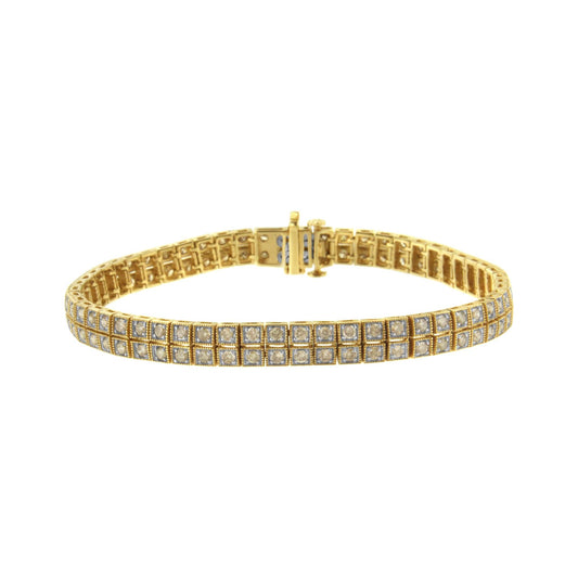 14K Yellow Gold over .925 Sterling Silver 3.0 Cttw Diamond Double Row Square Milgrain Link 7” Tennis Bracelet (K-L Color, I1-I2 Clarity)