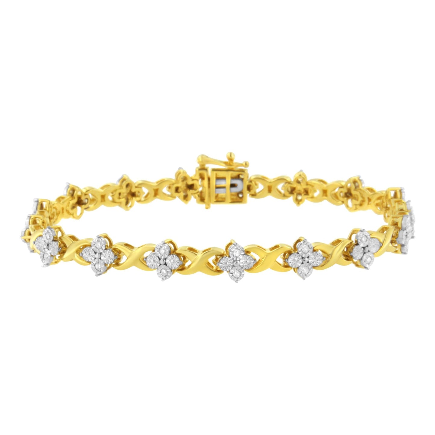 10K Yellow Gold Plated Sterling Silver 1/4 cttw Diamond 4 Leaf Clover Link Tennis Bracelet (I-J Color, I2-I3 Clarity) - Size 7.25"