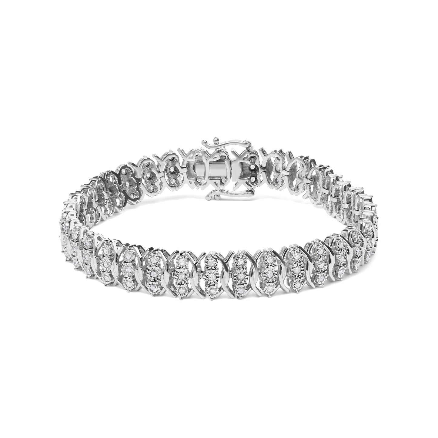 .925 Sterling Silver 1.0 Cttw Miracle Set Diamond 3 Row Wave Link Bracelet (I-J Color, I2-I3 Clarity) - 7.25" Inches