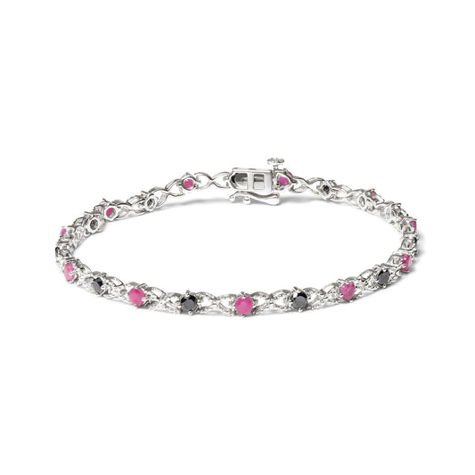 .925 Sterling Silver 1.00 Cttw Treated Black Diamond with 3.00mm Lab Created Pink Ruby 7.25" X-Link Bracelet (Black Color, I2-I3 Clarity)