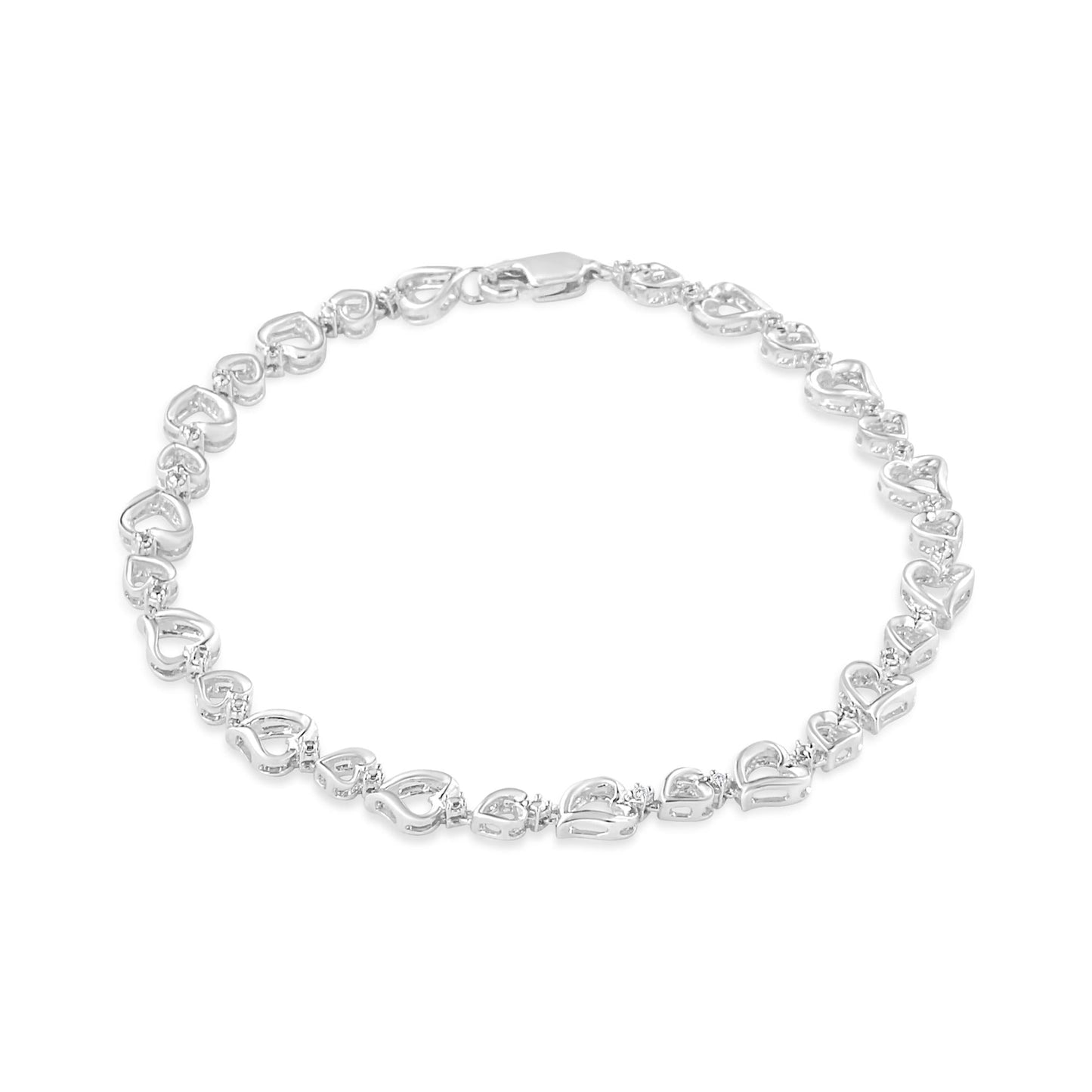 .925 Sterling Silver Prong Set Diamond Accent Alternating Heart Link Bracelet (I-J Color, I3 Clarity) - 7.25" Inches