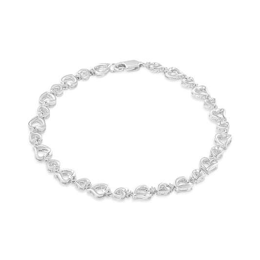 .925 Sterling Silver Prong Set Diamond Accent Alternating Heart Link Bracelet (I-J Color, I3 Clarity) - 7.25" Inches