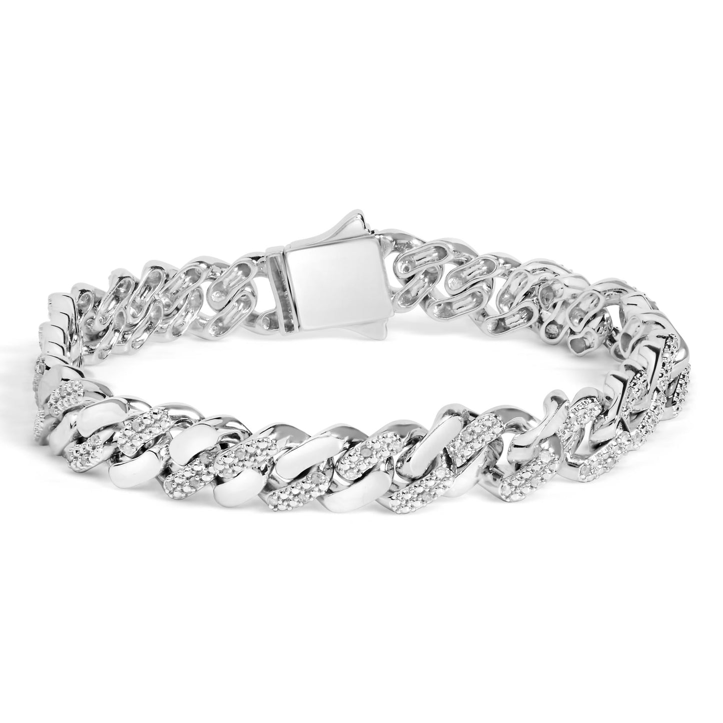 .925 Sterling Silver 1/2 Cttw Diamond Cuban Curb Chain Bracelet (I-J Color, I3 Clarity)-  8.5" Inches