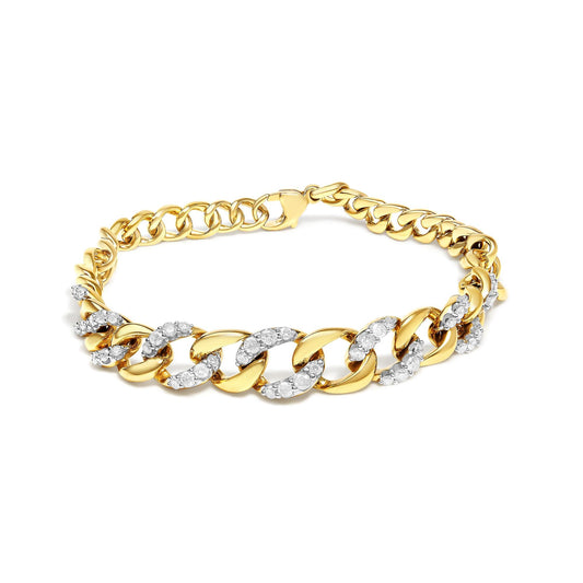 14K Yellow Gold Plated .925 Sterling Silver 1 1/4 Cttw Diamond Cuban Chain Link Bracelet (I-J Color, I3 Clarity)-  7.25"