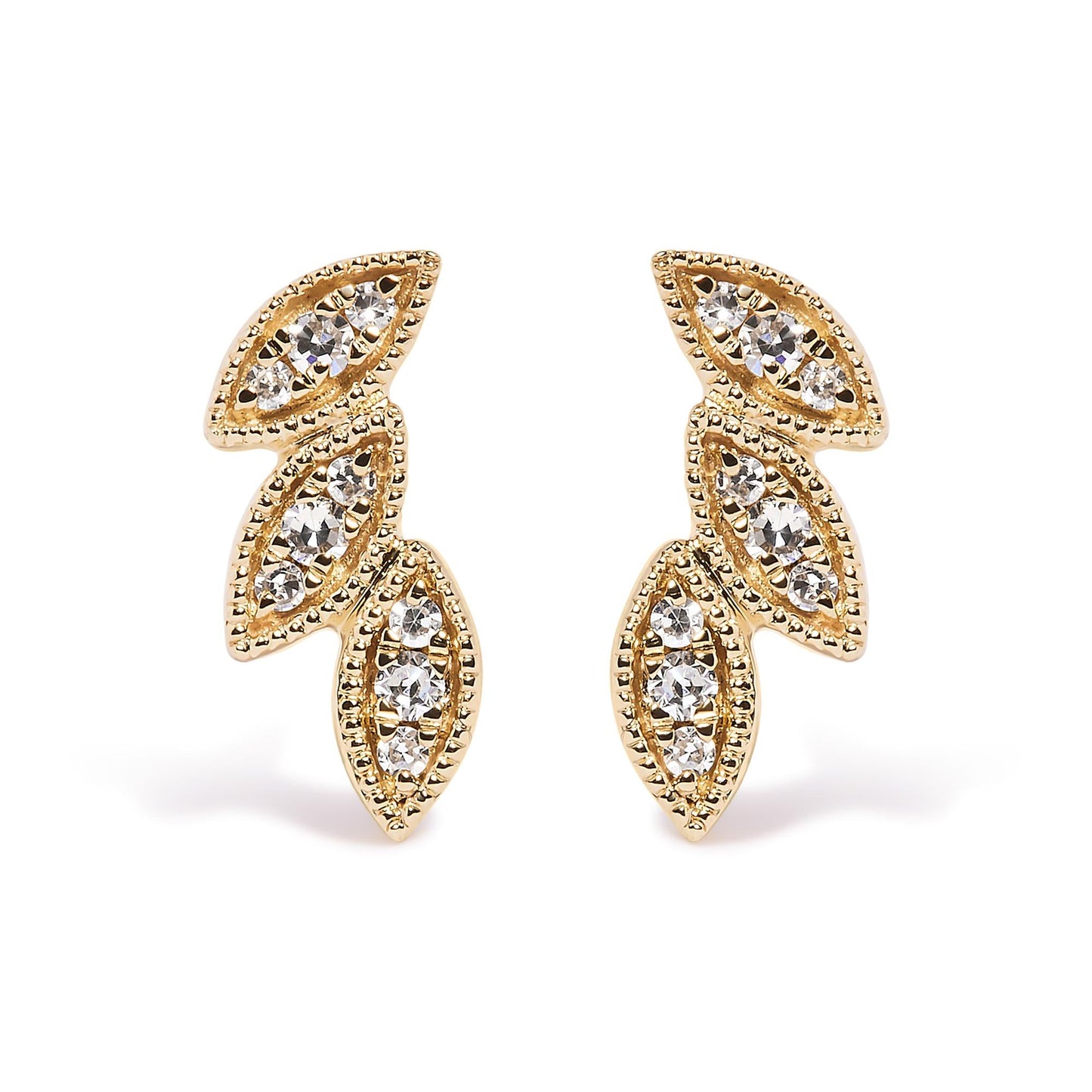 10K Yellow Gold 1/10 Cttw Diamond Triple Leaf Stud Earring (H-I Color, I1-I2 Clarity)