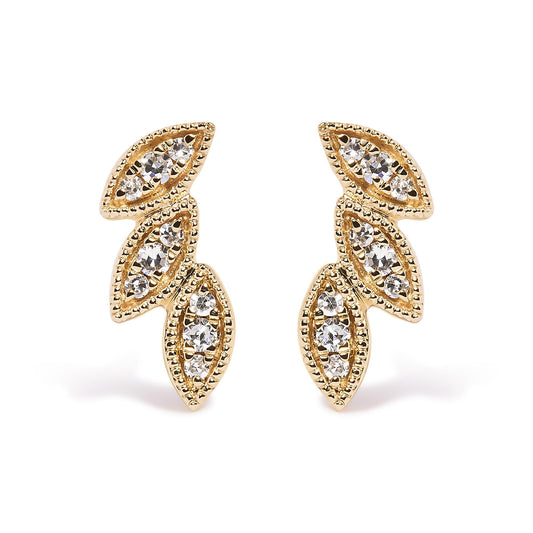 10K Yellow Gold 1/10 Cttw Diamond Triple Leaf Stud Earring (H-I Color, I1-I2 Clarity)