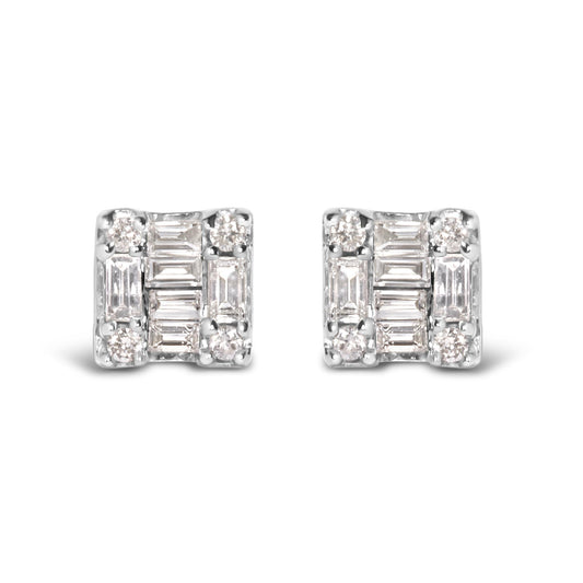 10K White Gold 1/7 Cttw Round and Baguette Diamond Mosaic Square Stud Earrings (H-I Color, I1-I2 Clarity)