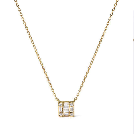 10K Yellow Gold 1/10 Cttw Round and Baguette Diamond Mosaic Composite Square 18" Inch Pendant Necklace (H-I Color, I1-I2 Clarity)