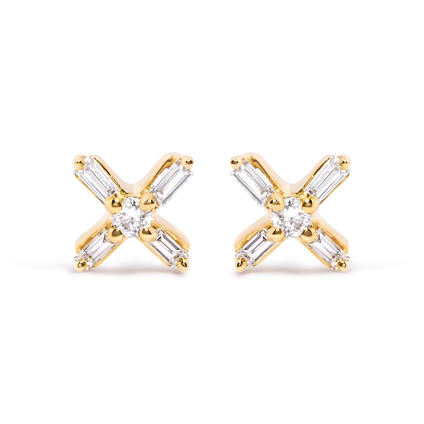 10K Yellow Gold 1/10 Cttw Round and Baguette Diamond Criss Cross X Stud Earring (H-I Color, I1-I2 Clarity)