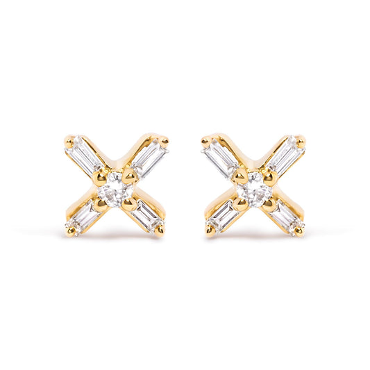 10K Yellow Gold 1/10 Cttw Round and Baguette Diamond Criss Cross X Stud Earring (H-I Color, I1-I2 Clarity)