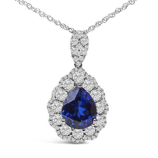 18K White Gold Recrystallized 9x7 MM Pear Shaped Blue Sapphire and 2 4/5 Cttw Diamond Halo and Bail 18" Inch Pendant Necklace (G-H Color, SI1-SI2 Clarity)