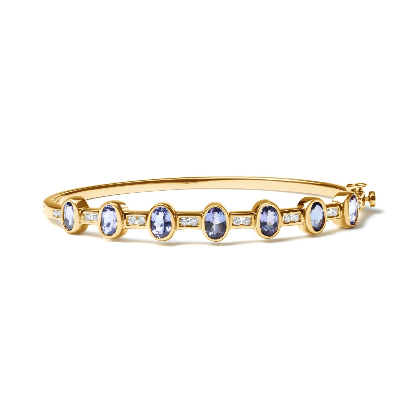 14K Yellow Gold 1/3 Cttw Round-Cut Diamond and 5MM Oval-Cut Blue Tanzanite Gemstone Bangle Bracelet (H-I Color, I1-I2 Clarity) - Size 7" Inches