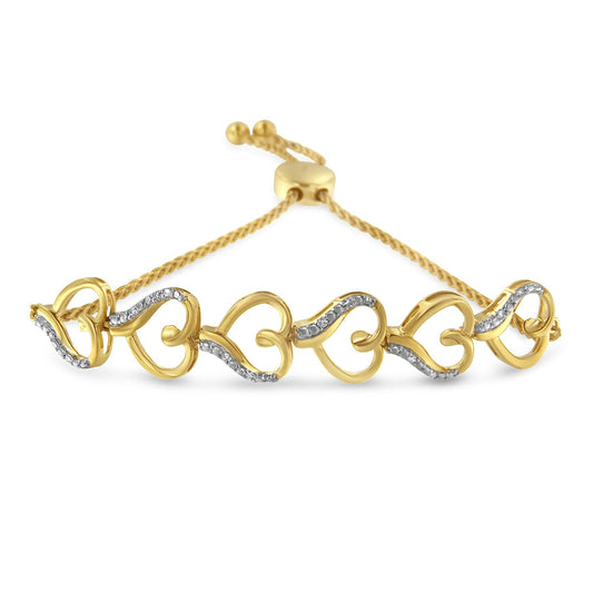 10K Yellow Gold over .925 Sterling Silver Diamond Accented Open Hearts 6”-9” Adjustable Chain Bolo Bracelet (H-I Color, I2-I3 Clarity)