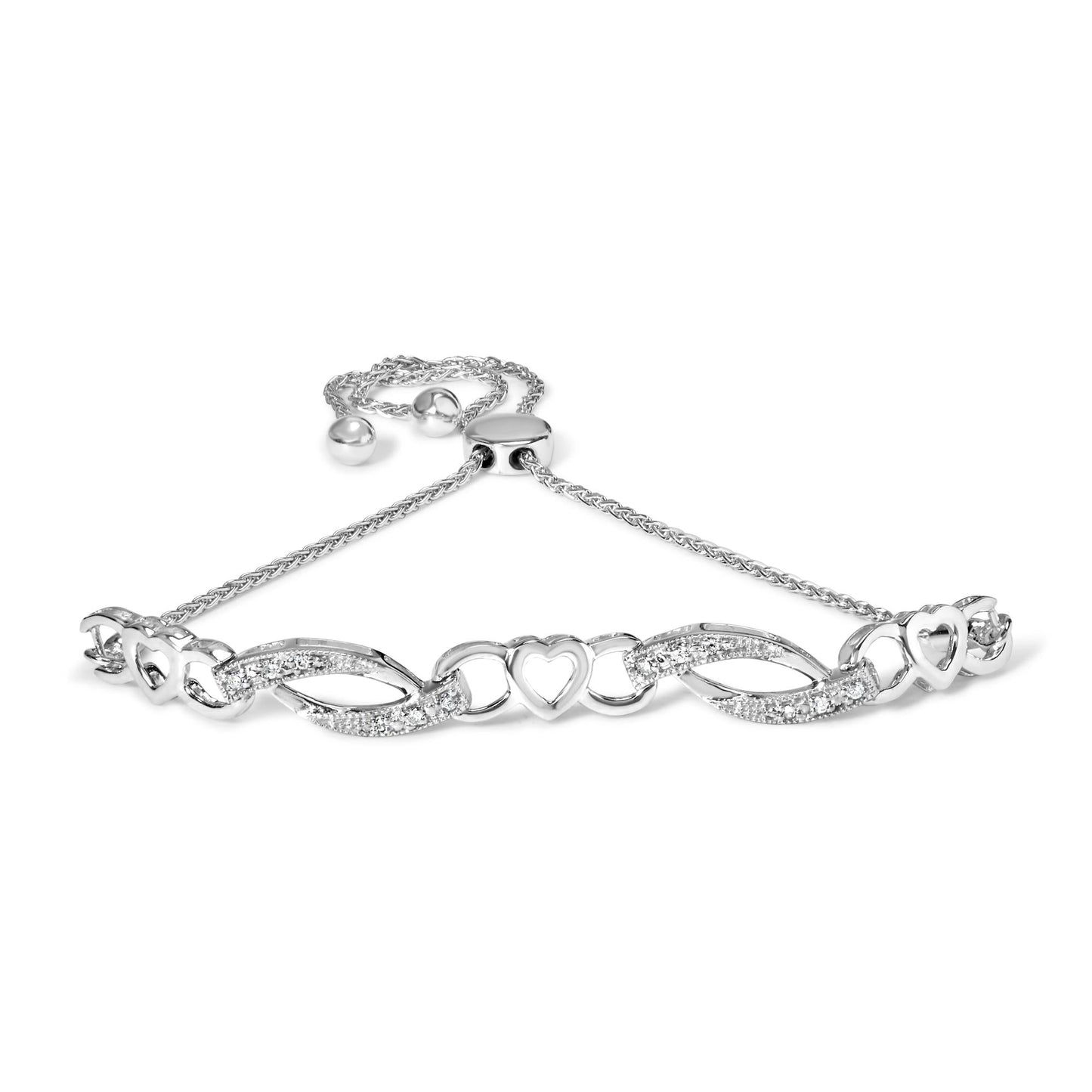 .925 Sterling Silver 1/10 Cttw Diamond Heart Link Adjustable Bolo Bracelet (I-J Color, I2-I3 Clarity) - 4 to 10 Inches