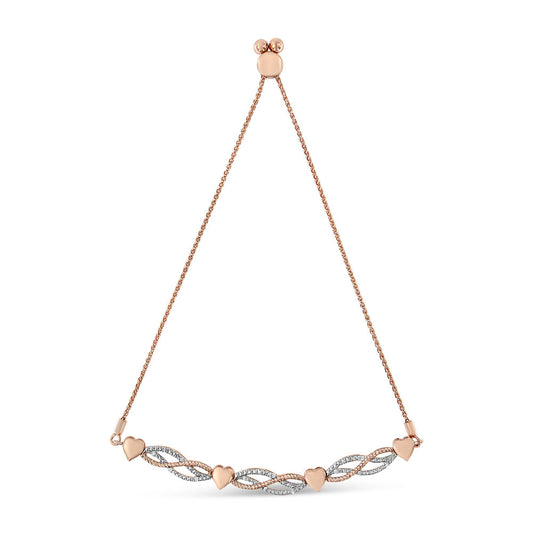 14K Rose Gold Plated .925 Sterling Silver Cttw Diamond Accent Layered Infinity Link and Heart Adjustable 4”-10” Adjustable Bolo Bracelet (I-J Color, I3 Clarity)