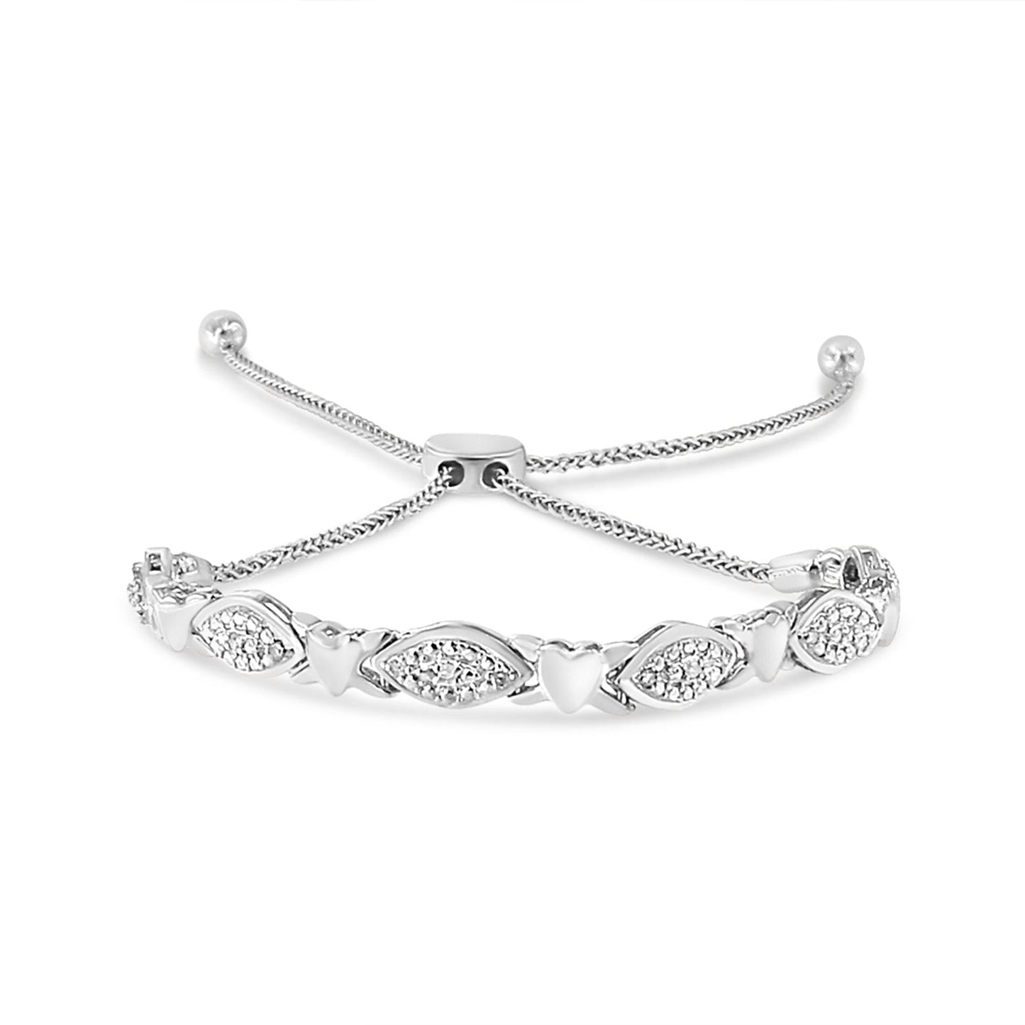 .925 Sterling Silver Diamond Accent Alternating Marquise Shape and Heart Links Bolo Bracelet (I-J Color, I3 Clarity) - Adjustable 6" to 9"