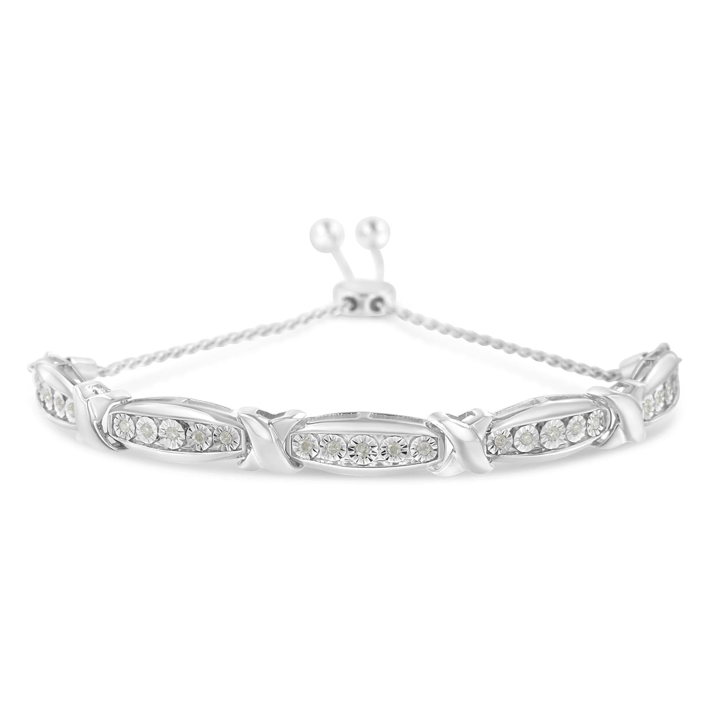 Round-Cut Diamond X & Tapered Bar Miracle-Set Bolo Bracelet (I-J Color, I3 Clarity) - .925 Sterling Silver