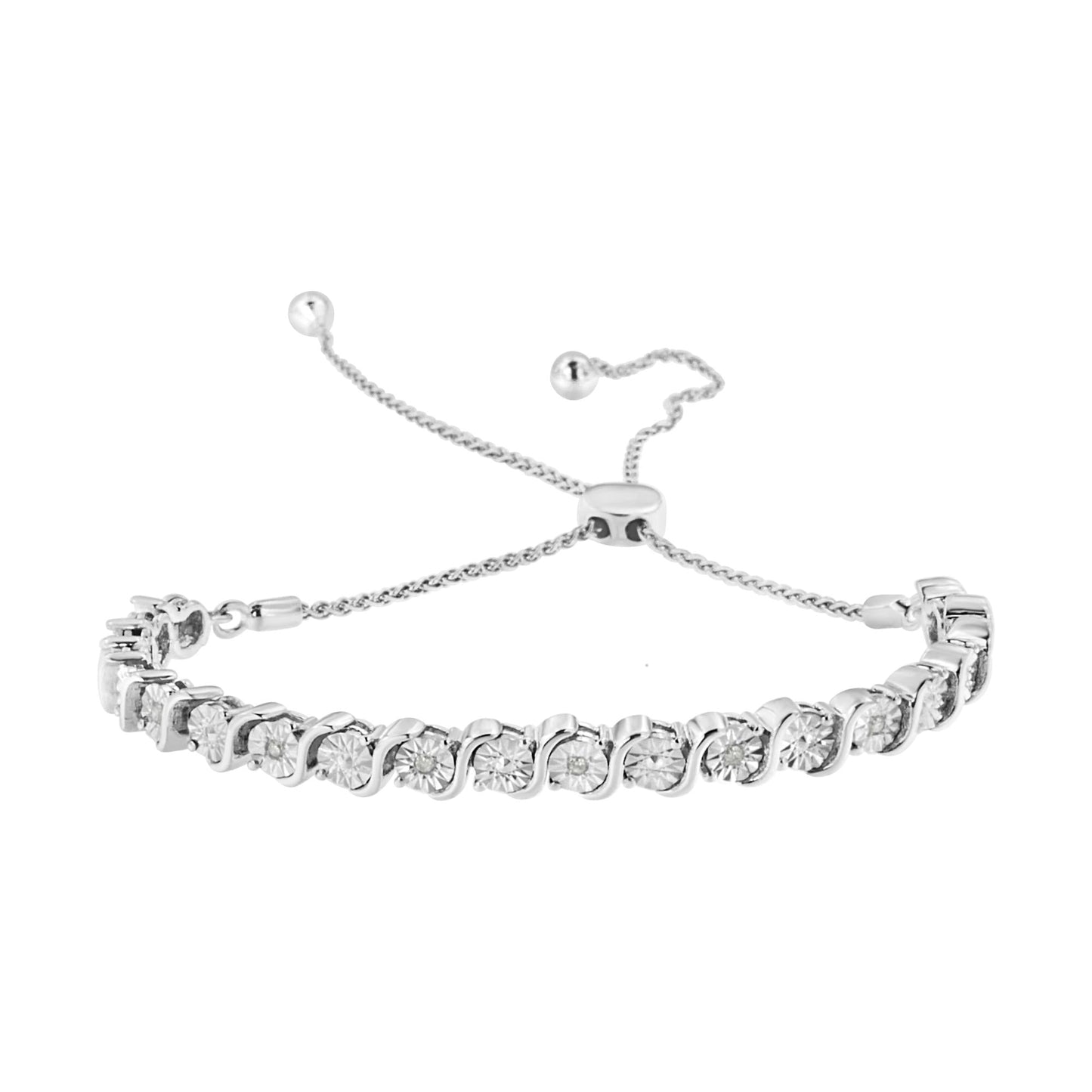 .925 Sterling Silver 1/10 Cttw Diamond Miracle Plate in Bypass Style "S" Links Adjustable Bolo Bracelet (I-J Color, I2-I3 Clarity) - 6”-10”