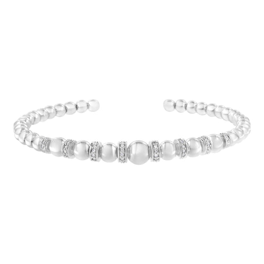 .925 Sterling Silver 1/4 Cttw Diamond Rondelle Graduated Ball Bead Cuff Bangle Bracelet (I-J color, I2-I3 clarity) - Fits wrists up to 7 1/2 inches