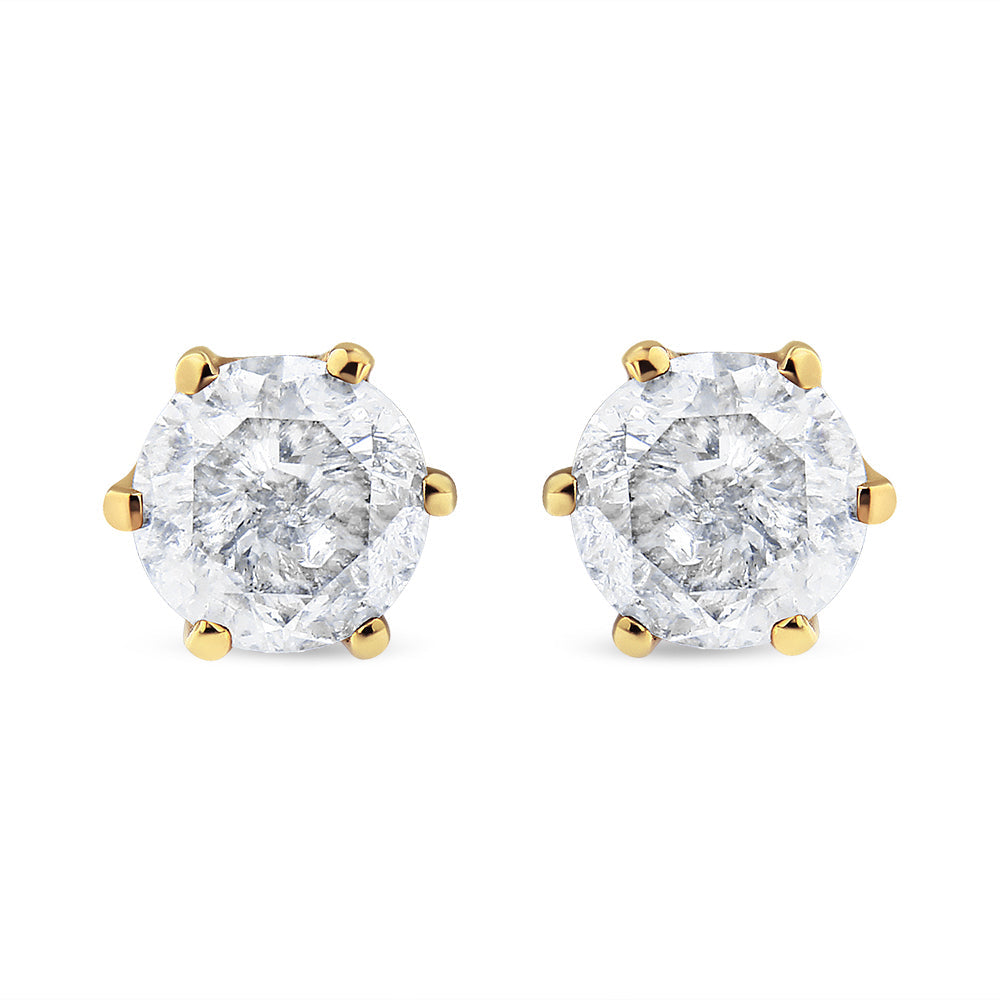 AGS Certified 2.00 Cttw Round Brilliant-Cut Diamond 14K Yellow Gold 6-Prong-Set Solitaire Stud Earrings with Screw Backs (J-K Color, I1-I2 Clarity)