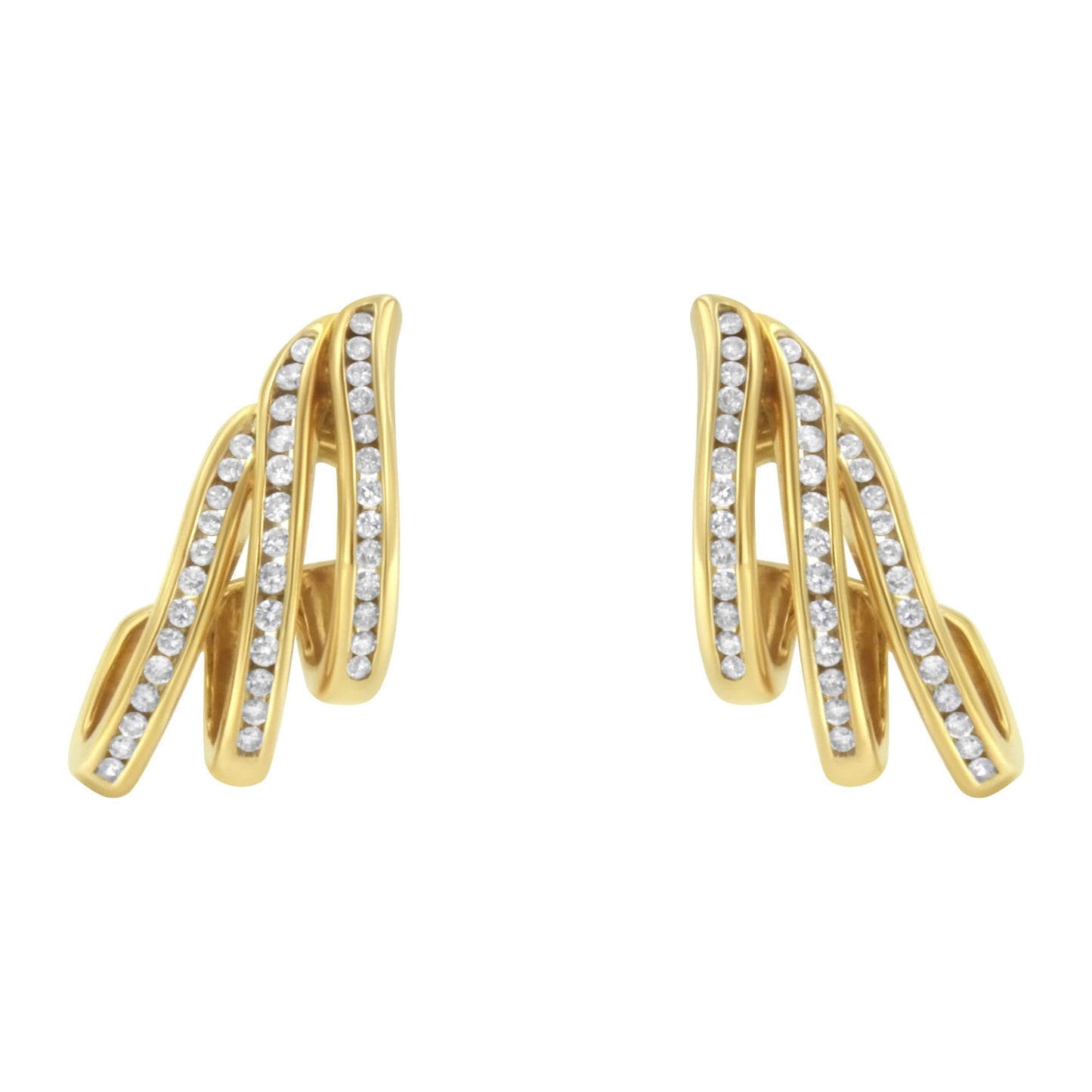 10K Yellow Gold 1.0 Cttw Round Brilliant Cut Diamond Spiral Multi Row Channel Set Open Hoop Pushback Stud Earrings (H-I Color, I1-I2 Clarity)