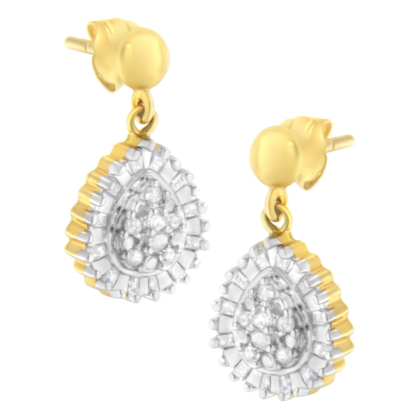 10K Yellow Gold 1/4 Cttw Round and Baguette-Cut Diamond Cluster Drop and Dangle Stud Earrings (I-J Color, I2-I3 Clarity)