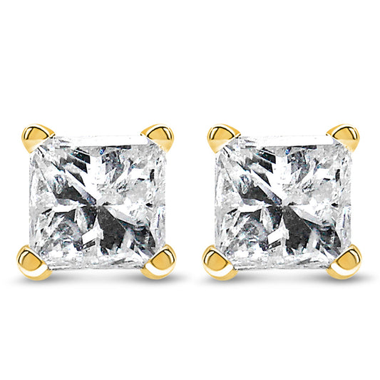 IGI Certified 14k Yellow Gold 1/2 cttw 4-Prong Set Princess-Cut Solitaire Diamond Push Back Stud Earrings (N-O Color, I1-I2 Clarity)