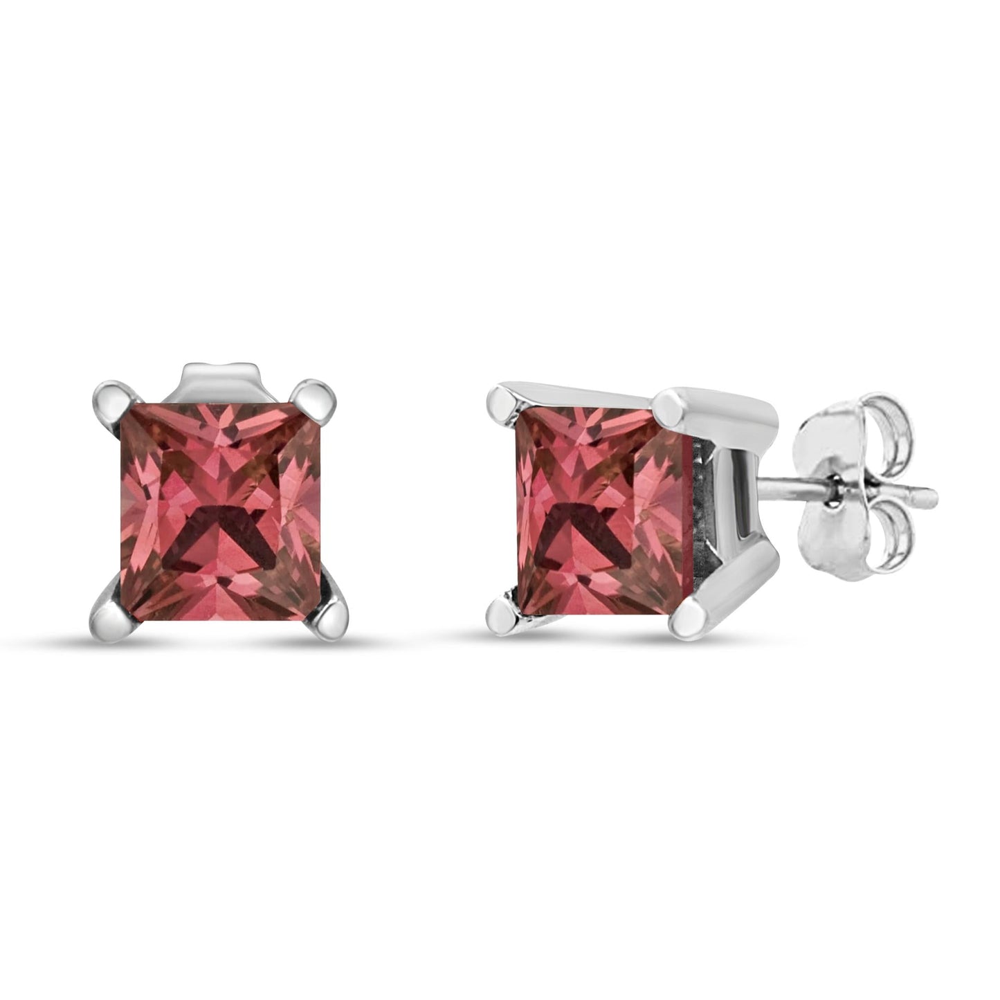 14K White Gold 4 Prong Set Lab Grown Pink Princess Diamond Solitaire Stud Earrings (Pink Color, VS2-SI1 Clarity)