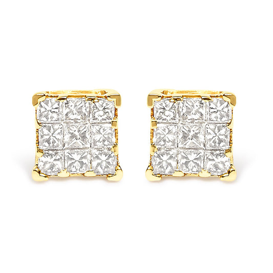 14K Yellow Gold 1/2 Cttw Invisible Set Princess-Cut Diamond 9 Stone Square Stud Earrings (J-K Color, SI2-I1 Clarity)