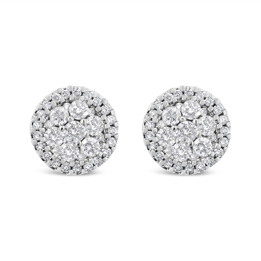 AGS Certified 14K White Gold 1.0 Cttw Brilliant-Cut Diamond Halo-Style Cluster Round Button Stud Earrings (G-H Color, I1-I2 Clarity)